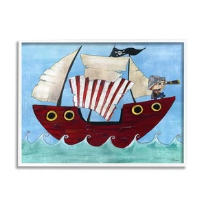 Pirate Ship at Sea, Design by Bealook White Framed Wall Art, 16 x 20, Blue - Picture 1 of 5