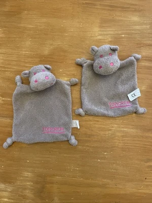Lot 2 Doudou Plat Topicrem Hippopotame Marron Broderie Rose - Photo 1/4