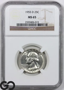 1955-D Washington Quarter, NGC MS-65 ** Blast White! - Picture 1 of 3