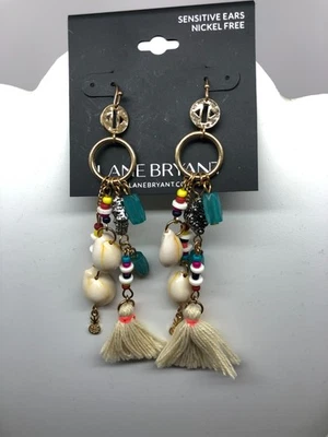 NUEVO CON ETIQUETAS Pendientes Lane Bryant Tono Dorado Multi Cuentas Cowry Conchas Largas Boho Foto 1 de 3