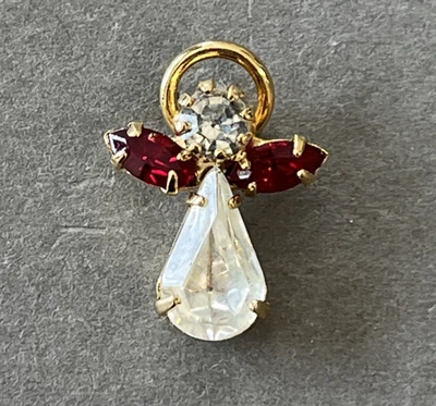 Vtg Guardian Angel Lapel Pin Clear & Red Rhinestone Crystals & Gold Tone Metal - Image 1 of 4
