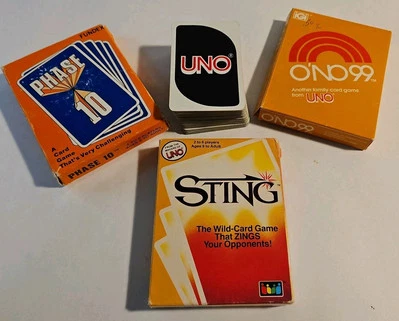  4 complete VTG card games Phase 10 1986, UNO 1979, O'NO99 1980, Sting 1984 - Image 1 of 4