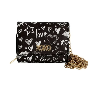 XOXO Women’s Mini Black Graffeti Print Saffiano Wallet W/ Chain Crossbody Strap - Picture 1 of 6