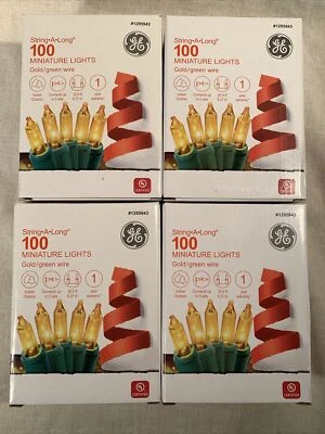 4 Boxes GE String-A-Long 100-Count GOLD Christmas String Lights. Incandescent - Image 1 of 4