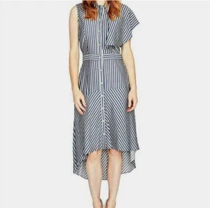 Rachel Roy Long Striped Sleeveless Ruffle Dress Blue White Gold Size 0 - Picture 1 of 10