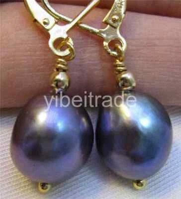 NUEVO 11X12mm Mar del Sur NEGRO Pendientes de Perlas Barrocas ORO AMARILLO 14K Foto 1 de 2