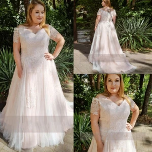 Plus Size Wedding Dresses Off Shoulder A Line Tulle Lace V Neck Bridal Gowns - Picture 1 of 11