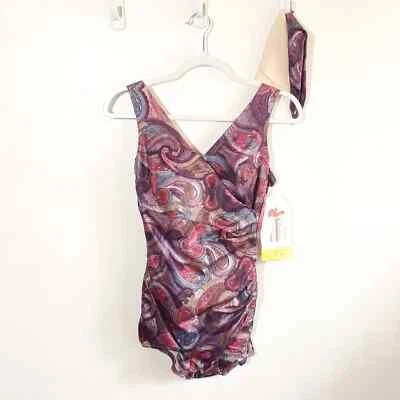 Maiô Vintage One Piece Tamanho 34B Pequeno, NOVO 70s Pontudo Roxo Paisley Ruched - Imagem 1 de 4