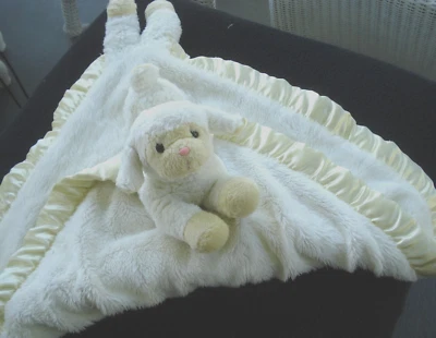 My Banky Aleigh White Lamb Sheep Yellow Satin Trim Security Blanket 26" x 28" - Image 1 of 4