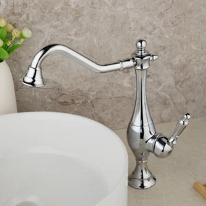 Silver Bathroom Basin Sink Long Swivel Spout Spray Taps Deck Mount Mixer Faucet - Bild 1 von 12