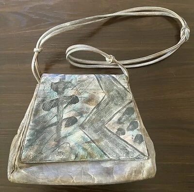 Bolso de hombro vintage Jane Yoo arte pintado a mano cuero envejecido firmado Foto 1 de 4