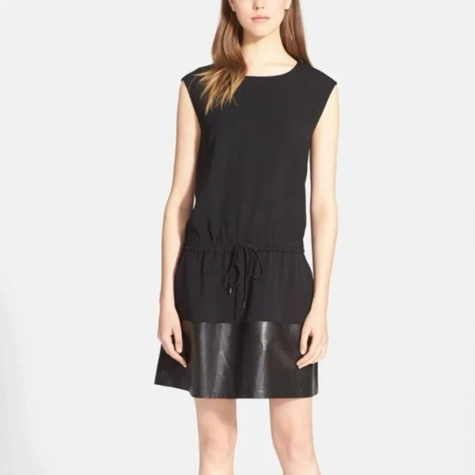 VINCE Lambskin Hem Dress Women’s Medium Black Contrast Band Drawstring Pockets - Image 1 of 4