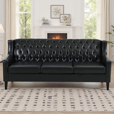 Sofá Mid-Century moderno de 3 asientos de cuero sintético sofá acolchado con botones para sala de estar Foto 1 de 4