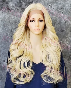 Light Blonde Long Wavy Curly Heat OK Lace Front Human Hair Blend Wig EVFV 613 - Picture 1 of 9