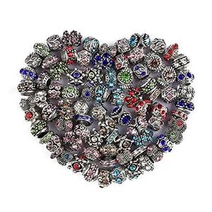 60 Pieces Assorted European Beads with Plating Silver Metal Alloy Rhinestone - Picture 1 of 6