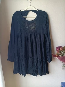 Free People Black Lace Floral Embroidered Boho Babydoll Mini Dress Size L - Picture 1 of 8