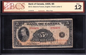 Bank Of Canada 1935 $5 Five Dollar Banknote Osborne-Towers BCS Graded F-12 - Picture 1 of 2