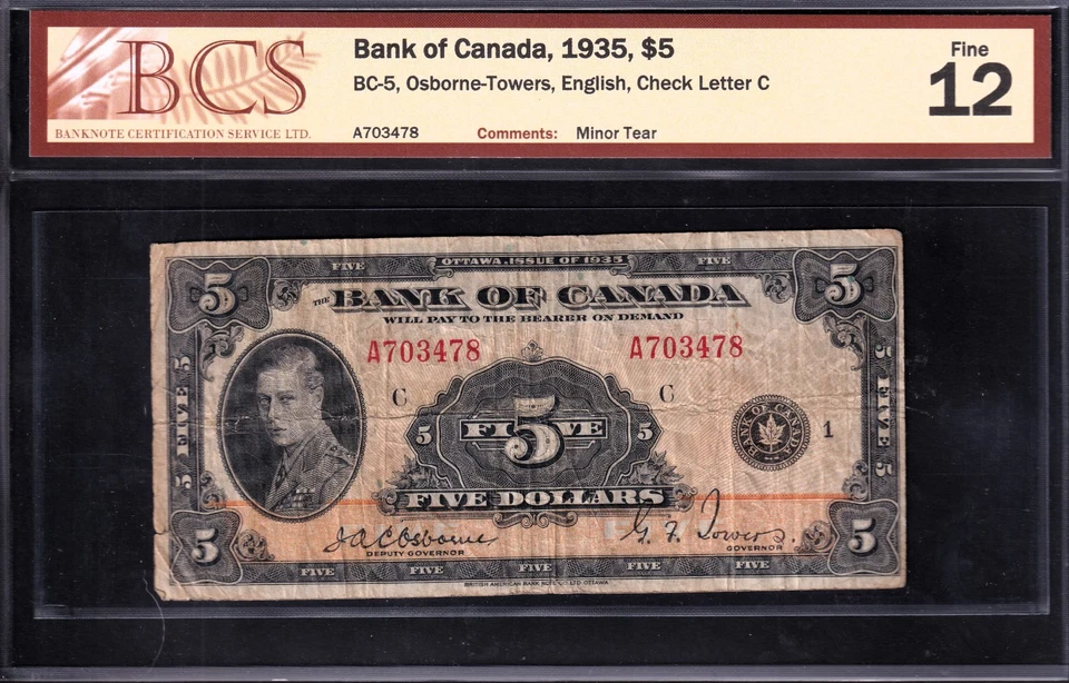 Bank Of Canada 1935 $5 Five Dollar Banknote Osborne-Towers BCS Graded F-12 - Image 1 of 2
