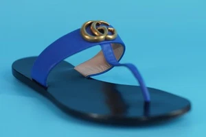 Gucci Marmont Black Leather Flip Flop Logo Flat Thong Sandals SZ 34.5 Gg Logo - Picture 1 of 12