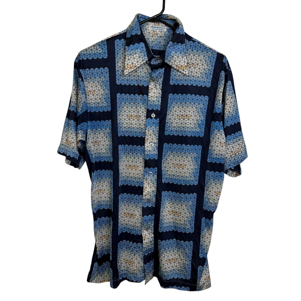 Camisa Discoteca Mervyns Años 70 De Colección Para Hombres Geométrica Abotonada Nylon Cuello Daga Cubos Foto 1 de 4
