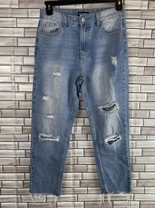 PrettyLittleThing Light Wash Distressed Raw Hem Jeans Size 6 UK Size 10 - Picture 1 of 7