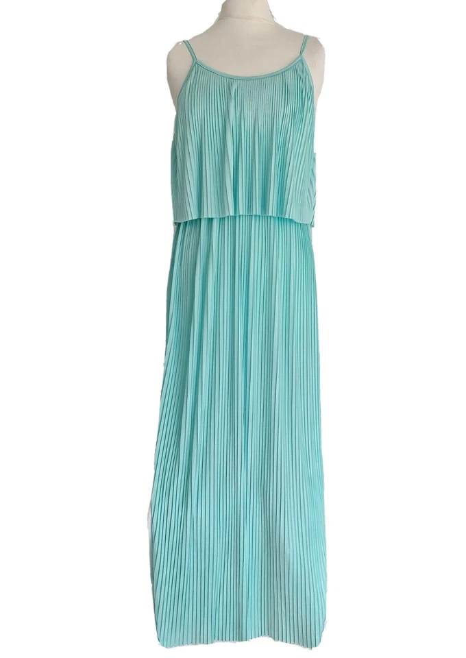 RARE R LONDON WOMENS PALE TURQUOISE PLEATED STRAPPY MIDI DRESS. SIZE UK 6, EU 34 - Image 1 of 4