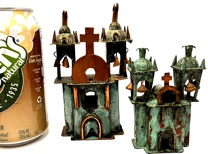 2 Miniature Churches Green Copper Smelted Ayacucho Metal W/Bells Peru 3" Vintage - Picture 1 of 6