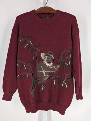 复古 80 年代考拉熊 Intarsia 手工针织工匠毛衣深红 36 — 第 1/3 张图片