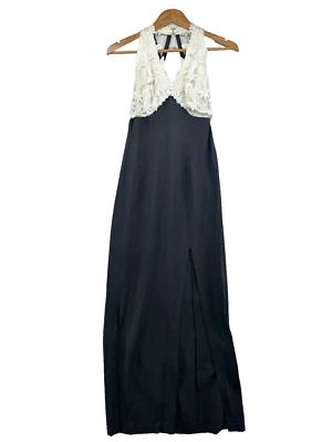 Vestido Y2K Años 90 Vintage Talla 3/4 Negro Blanco Encaje Halter Abertura Tirantes Espalda Baja Foto 1 de 4