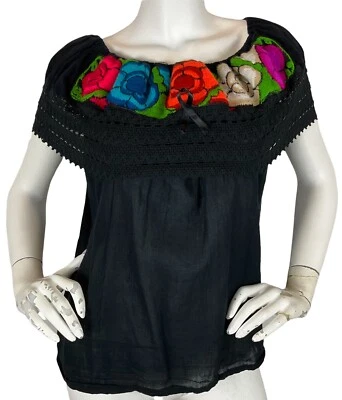 Mexican Cotton Floral Embroidered Off Shoulder Peasant Blouse Black Multi Sz S - Image 1 of 4