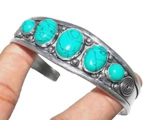 925 Sterling Silver Turquoise Gemstone Handmade Jewelry Cuff Bracelet - Picture 1 of 5