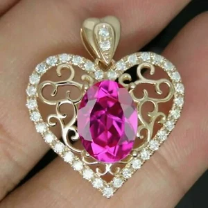 Oval Simulated Sapphire 925 Silver Women's Heart Pendant 14k Yellow Gold Plated - Picture 1 of 1