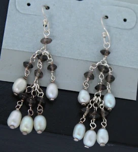 New Old Stock Sterling Silver 925 Genuine Stones & Pearls Long Dangle Earrings - Picture 1 of 7