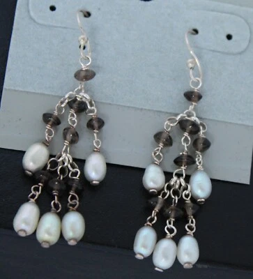 New Old Stock Sterling Silver 925 Genuine Stones & Pearls Long Dangle Earrings - Image 1 of 4