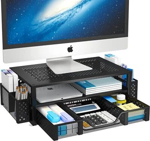 2 Tier Metal Stand Monitor riser Computer Desk Organizer Drawer Pen Holder Black - Picture 1 of 7