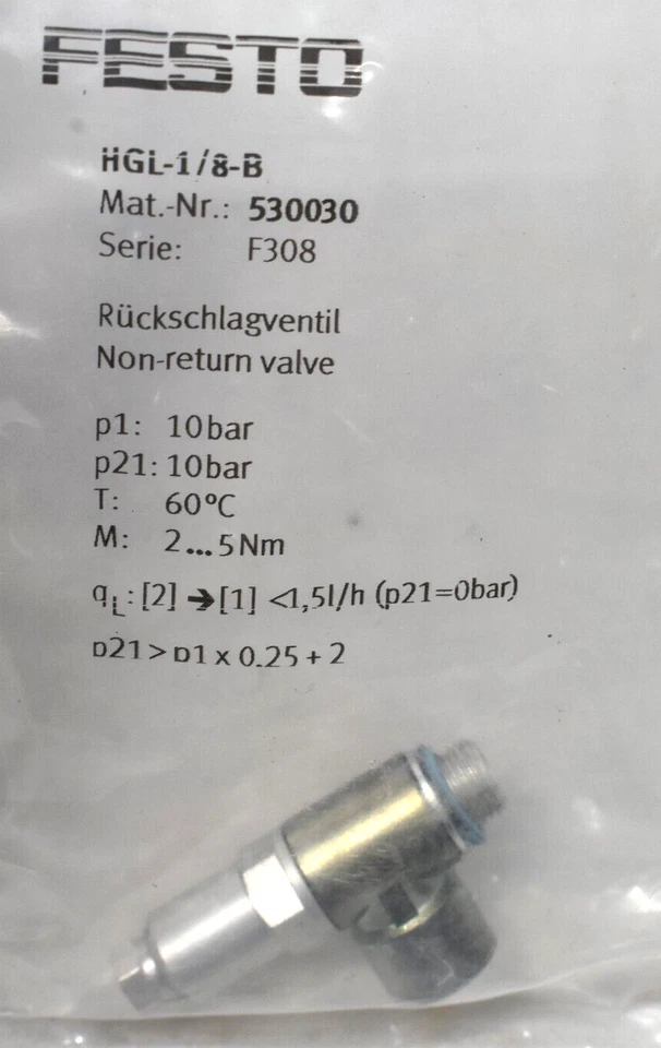 Festo Hgl-1/8-b Piloted Check Valve 530030 HGL18B