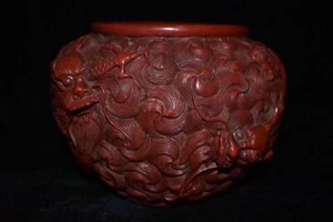 7" Antique Old China Lacquer ware Handmade Dragon Brush Washers - Picture 1 of 9