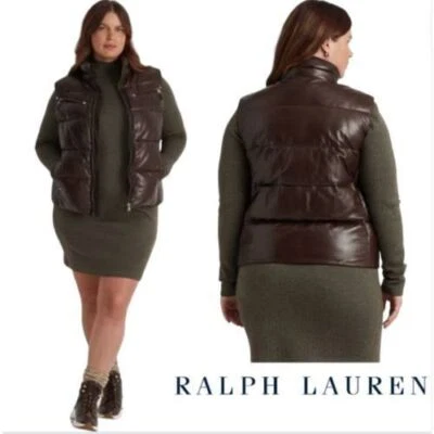 Chaleco hinchado acolchado de piel de cordero Lauren Ralph Lauren marrón suave talla grande 1X Foto 1 de 4