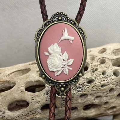 Pink Hummingbird Cameo Church Bolo Tie Lariat Wedding gift birthday Bronze new - Image 1 of 4