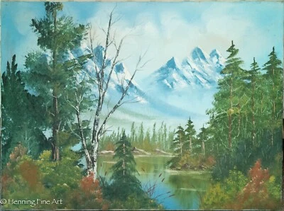Stunning Vintage Mountain Landscape Oil Painting in the Style of Bob Ross, Fine - Image 1 of 4