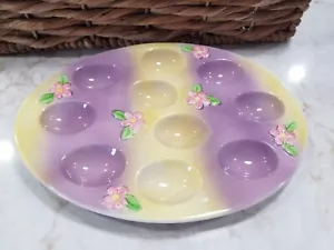 Vintage Colorful Easter Egg Plate 10.5" Long 8" Wide Yellow Purple Pink Flowers - Picture 1 of 8
