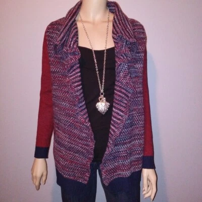 THML Sweater Womens Small Navy Blue Red Long Sleeve Draped Front Cardigan - Imagem 1 de 4