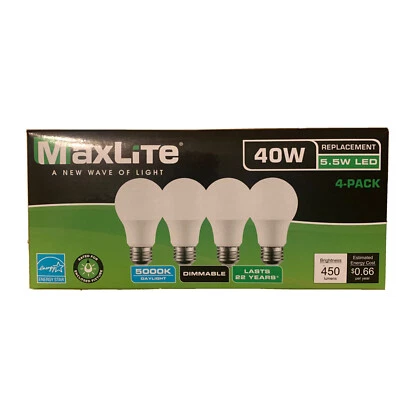 96 MaxLite 40W Equivalent 5.5W A19 LED Bulbs Dimmable 5000K Daylight 450 Lumens - Image 1 of 4