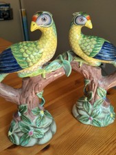 Vintage Pair Andrea by Sadek Chinoiserie Chelsea Parakeet or Parrot Figurines 9"
