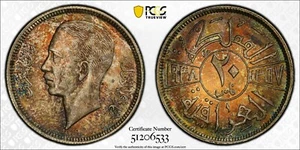 IRAQ/IRAK , SILVER 20 FILS 1938 KING GHAZI I - PCGS MS 63 (SL) , RARE - Picture 1 of 3