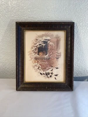 Vintage Ornate Wood Frame Winter Print Children Window Nature Birds Wall Hanging - Imagem 1 de 4
