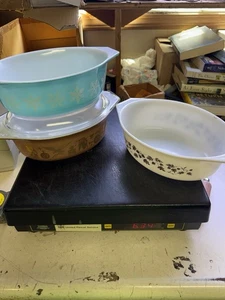 Lote De 3 Cazuela Vintage Pyrex 043 Copo De Nieve Azul Bellota Dorada Americana Temprana - Imagen 1 de 15