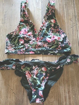 Купальник женский Mossimo бикини с цветочным рисунком размер большой RN17730 черный переработанный пластик - Изображение 1 из 3
