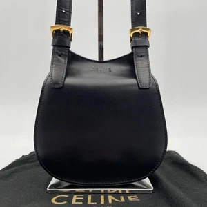 Old CELINE Black Leather Shoulder Bag Vintage Rare Logo Embossed Flap Authentic - Picture 1 of 14