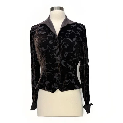 Vintage 90s Y2K Dana Buchman Brown Velvet Burnout Silk Blend Crop Jacket Sz 2 - Image 1 of 4